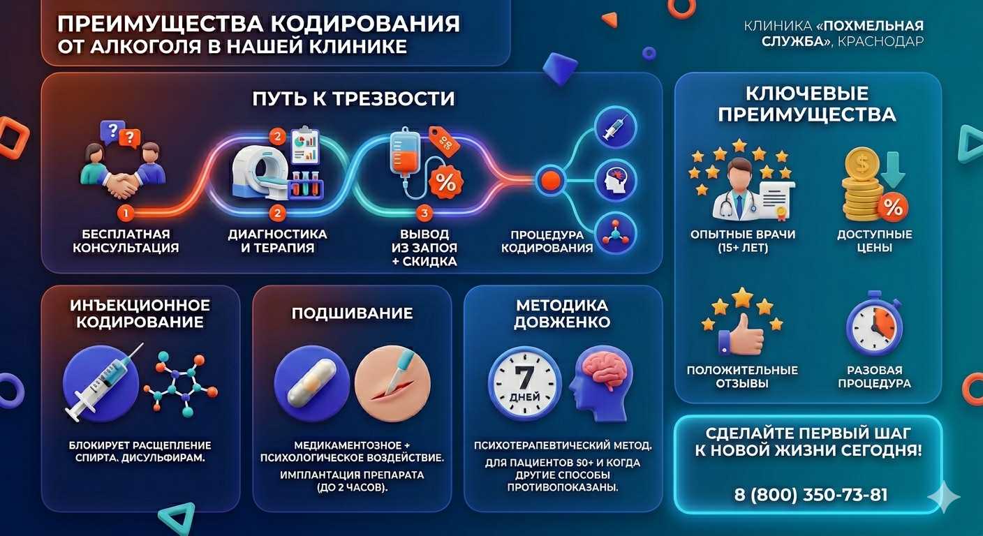 Инфографика о методах кодирования от алкоголя в Нартане: инъекции, подшивание, метод Довженко. Преимущества клиники и этапы лечения.