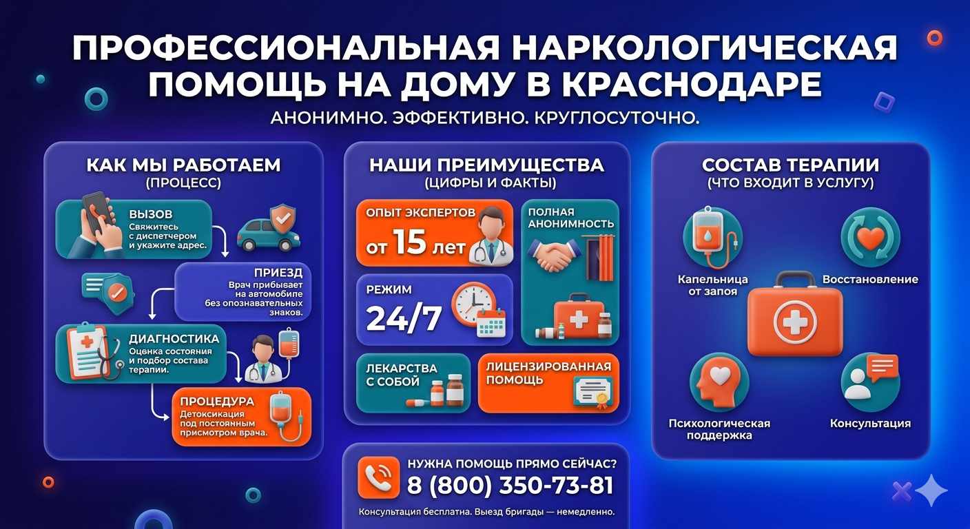 Инфографика о принципах лечения алкоголизма на дому в Нартане: этапы вызова нарколога, преимущества анонимной детоксикации и состав медицинской помощи.